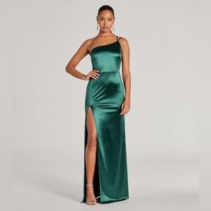 Green satin one strap gown